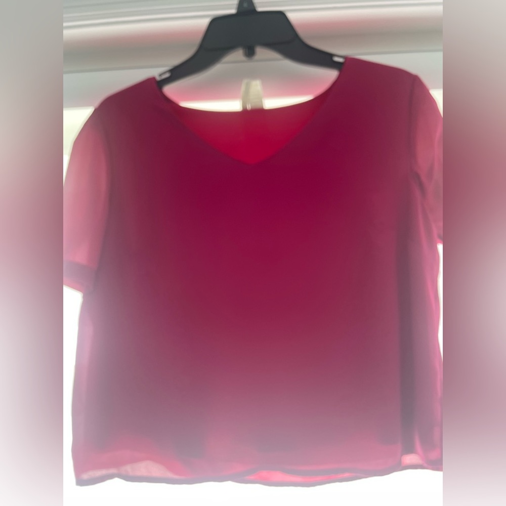 Hot Pink Cropped Blouse with V Neck, Size Small